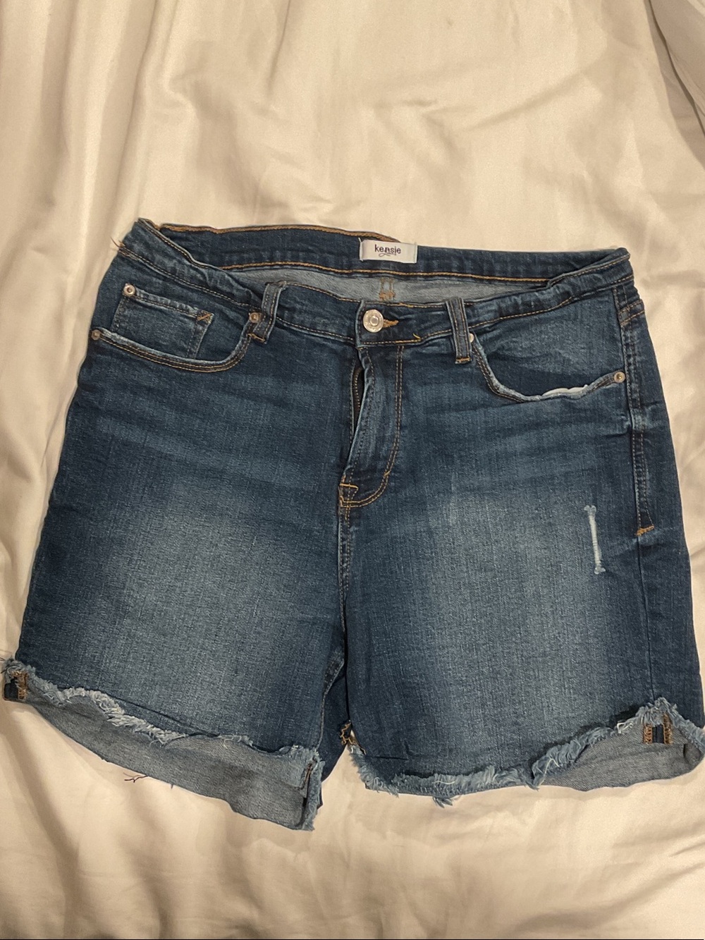 Kensie Medium Blue Frayed Hem Denim Shorts
